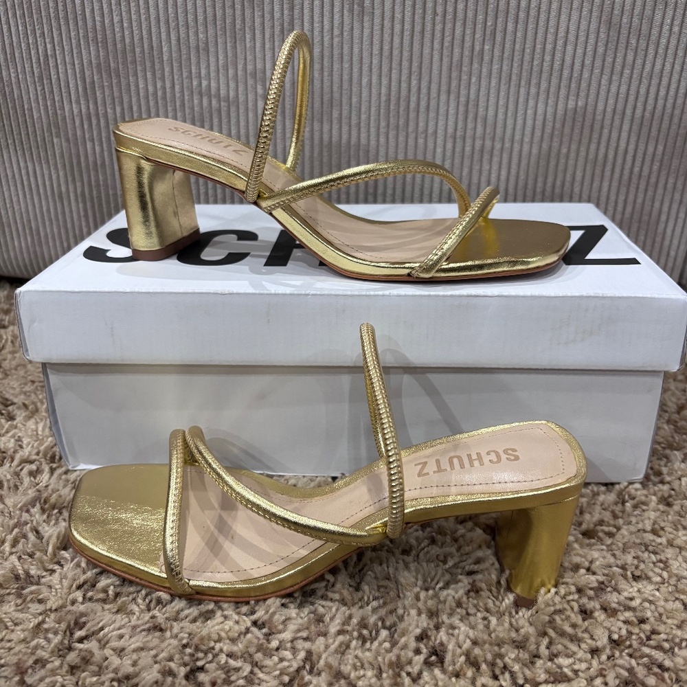 SCHUTZ Chassie Nappa Strappy Slip on Heels Sandals Gold Size 5.5